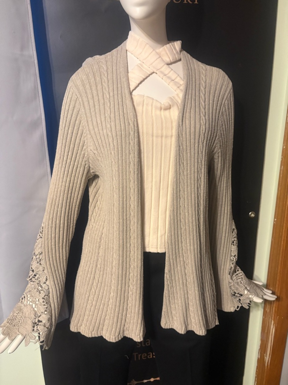 INC International Concepts Beige Ribbed Open-Front Cardigan with Lace Cuffs